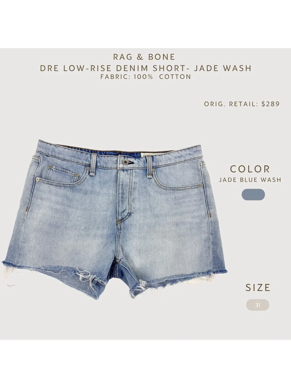 Rag & Bone Dre Low Rise Denim Shorts Jade Wash 31 - Picture 2 of 9